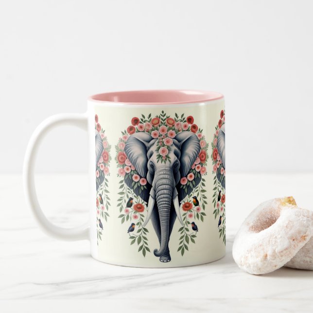 Elephant Head And Flowers  Two-Tone Coffee Mug (With Donut)