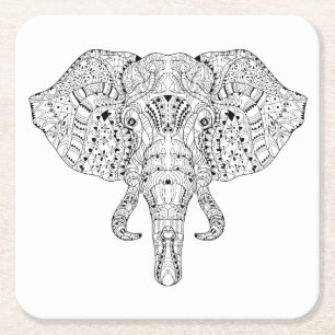 Elephant Head Doodle Sketch Square Paper Coaster