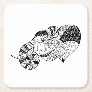 Elephant Head Zenstyle Doodle Square Paper Coaster