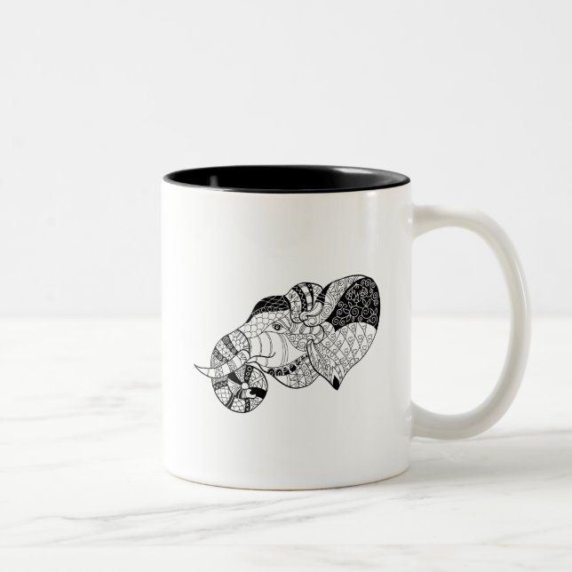 Elephant Head Zenstyle Doodle Two-Tone Coffee Mug (Right)