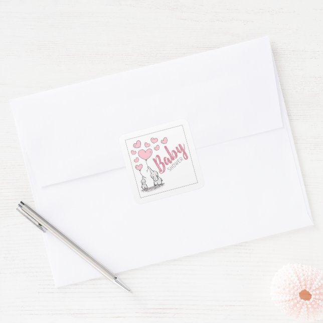 Elephant Hearts Baby Shower Square Sticker (Envelope)