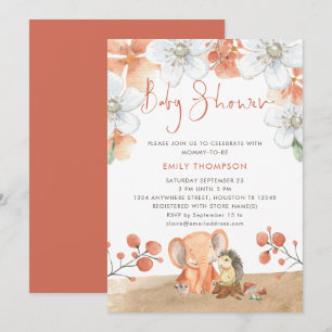 Elephant Hedgehog Florals Coral Girl Baby Shower Invitation