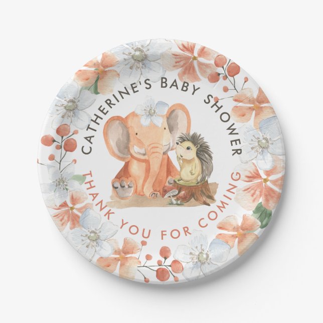 Elephant Hedgehog Name Thank You Girl Baby Shower  Paper Plate (Front)