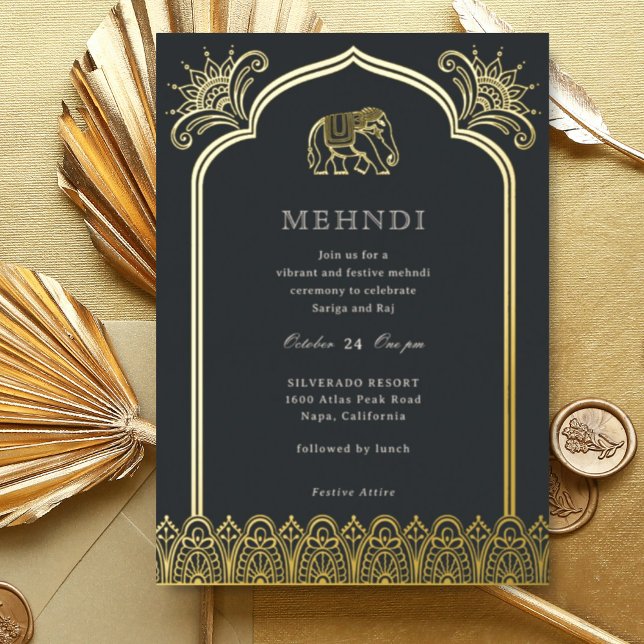 Elephant & Henna Design Pattern Indian Mehndi Gold (Black Indian wedding Mehndi invitation, elephant and lotus flower, hindu wedding invitation card)