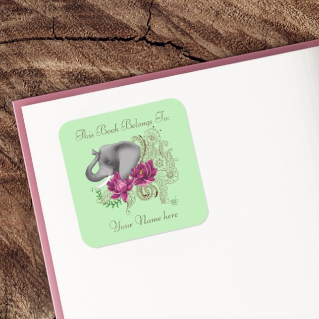 Elephant Henna Lotus Flowers Bookplate Square Sticker (Creator Uploaded)
