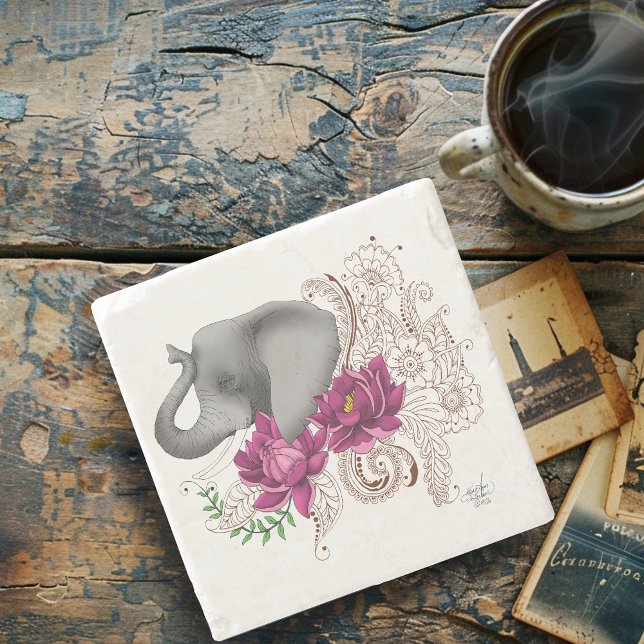 Elephant Henna Lotus Flowers Stone Coaster (Creator Uploaded)