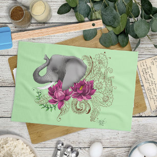 Elephant Henna Lotus Flowers  Tea Towel