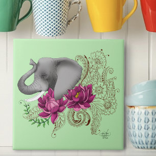 Elephant Henna Lotus Flowers Tile