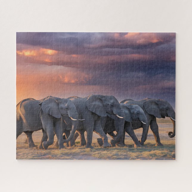 Elephant Herd Crossing the Savannah Jigsaw Puzzle (Horizontal)