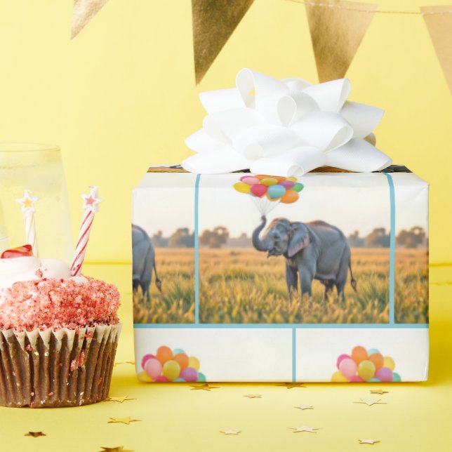 Elephant Holding A Birthday Balloon Bouquet Wrapping Paper (Birthday Party)