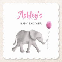 Elephant Holding Balloon Baby Shower Paper Coaster