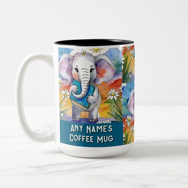 Elephant Holding the Big Book Two-Tone Coffee Mug (Left)