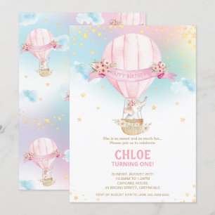 Elephant Hot Air Balloon 1st Birthday Girl Invitation