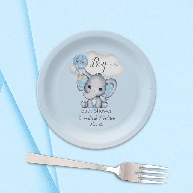 Elephant Hot Air Balloon Baby Boy Shower Paper Plate (Creator Uploaded)