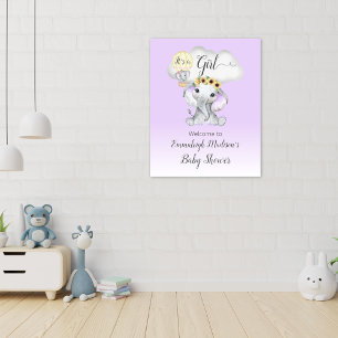 Elephant Hot Air Balloon Baby Girl Purple Welcome Poster