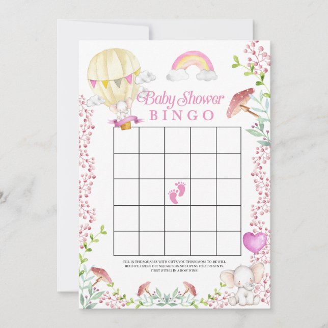 Elephant Hot Air Balloon Baby Shower Bingo Game Invitation (Front)