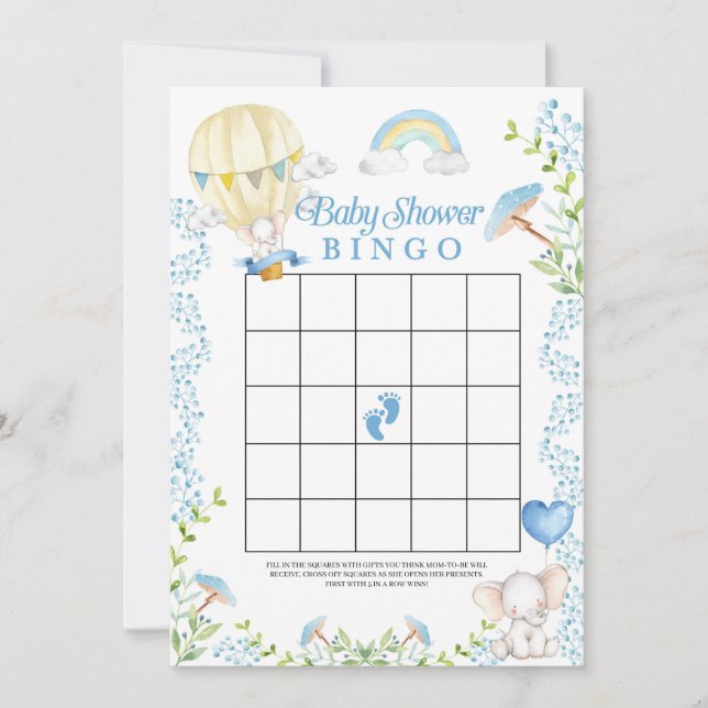 Elephant Hot Air Balloon Baby Shower Bingo Game Invitation (Front)