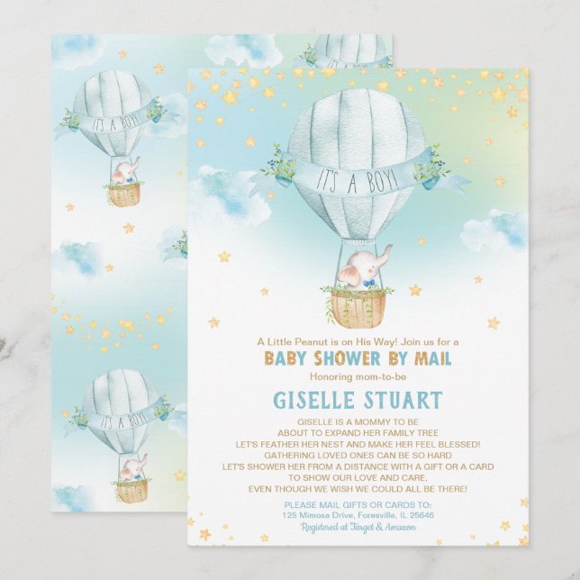 Elephant Hot Air Balloon Baby Shower by Mail Boy Invitation (Front/Back)