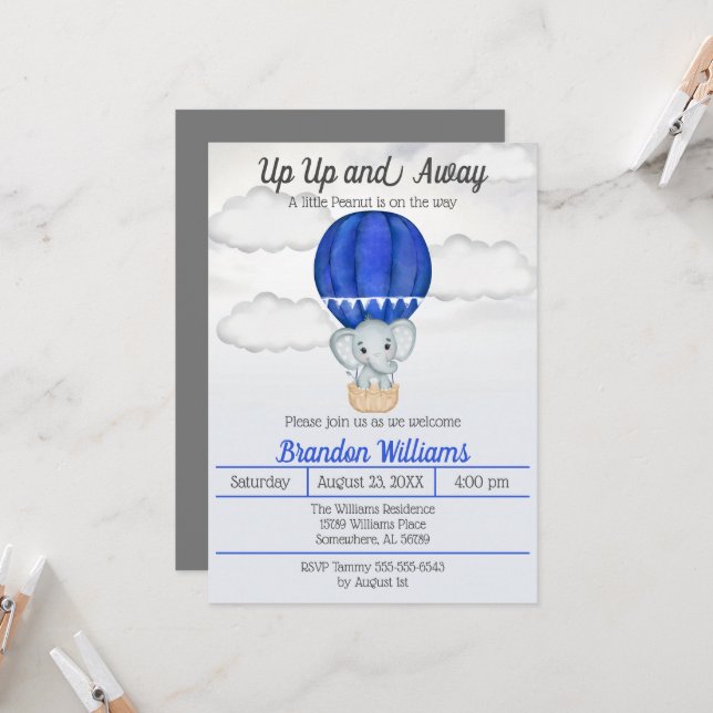 Elephant Hot Air Balloon Baby Shower Invitation (Front/Back In Situ)