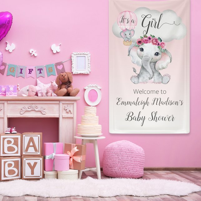 Elephant Hot Air Balloon Baby Shower It's a Girl Banner (Creator Uploaded)