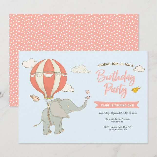 Elephant Hot Air Balloon Birthday Invitation (Front/Back)