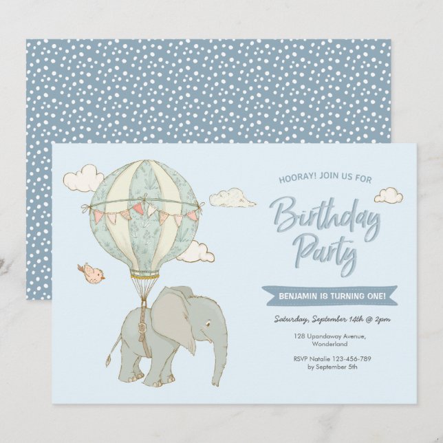 Elephant Hot Air Balloon Birthday Invitation (Front/Back)