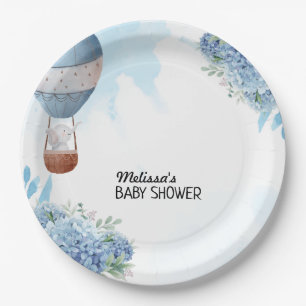 Elephant hot air balloon blue hydrangea custom paper plate