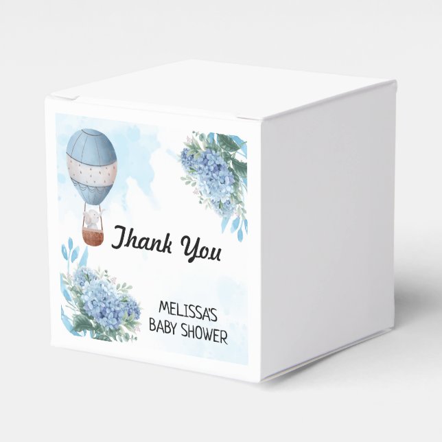 Elephant hot air balloon blue hydrangea thank you favour box (Front Side)