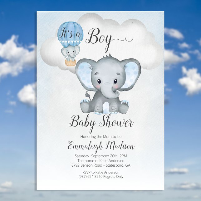 Elephant Hot Air Balloon Boy Baby Shower | Blue In Invitation (Creator Uploaded)