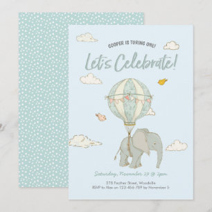 Elephant Hot Air Balloon Boys Birthday Invitation