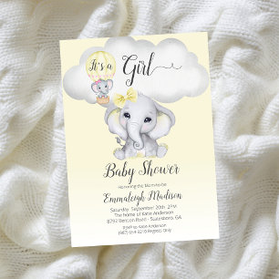 Elephant Hot Air Balloon Girl Baby Shower   Yellow Invitation