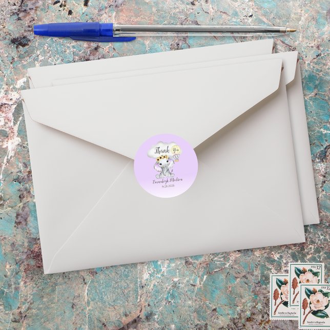 Elephant Hot Air Balloon Purple Thank You Favour  Classic Round Sticker (Creator Uploaded)