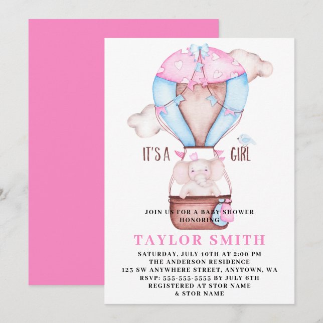 Elephant Hot Air Balloon Watercolor Baby Shower Invitation (Front/Back)