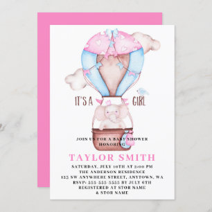 Elephant Hot Air Balloon Watercolor Baby Shower Invitation
