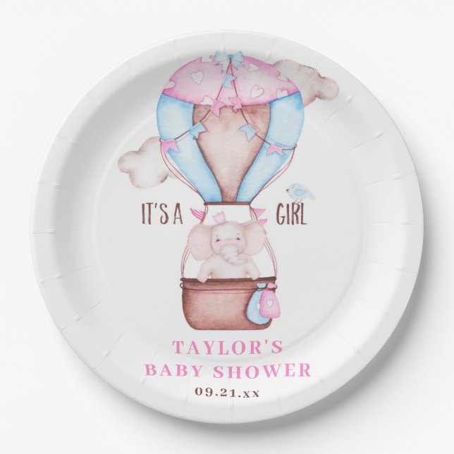 Elephant Hot Air Balloon Watercolor Baby Shower  Paper Plate (Front)