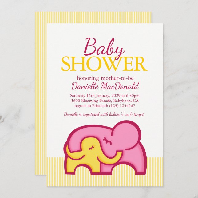Elephant hug baby shower yellow pink invitation (Front/Back)