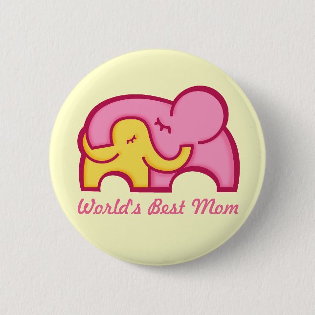 Elephant hug best mum button badge yellow pink (Front)