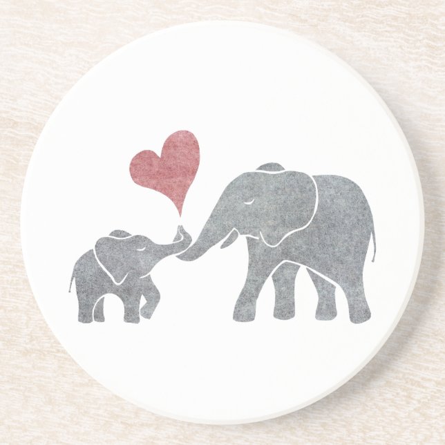 Elephant Hugs Grey Mum and Baby with Red Heart Coaster (Front)