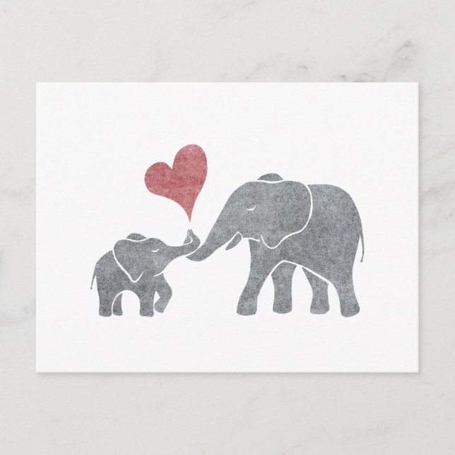 Elephant Hugs Grey Mum and Baby with Red Heart Postcard (Front)