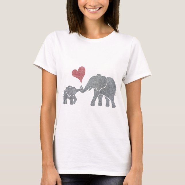 Elephant Hugs Grey Mum and Baby with Red Heart T-Shirt (Front)