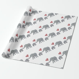 Elephant Hugs Grey Mum and Baby with Red Heart Wrapping Paper