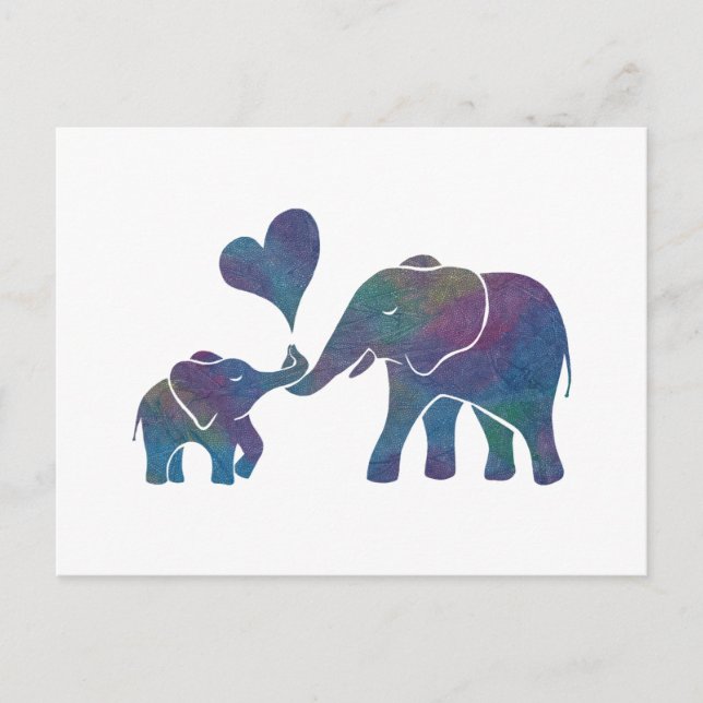 Elephant Hugs Rainbow Mum and Baby with Heart Postcard (Front)