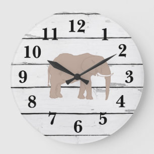 Elephant Illustration Decor Rustic Shiplap Large Clock