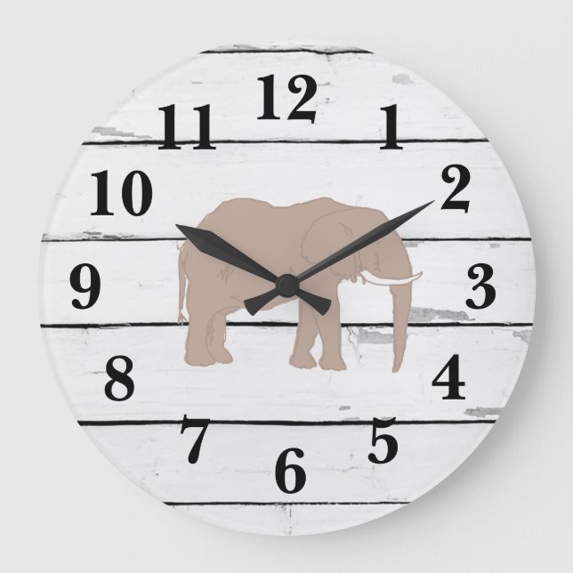 Elephant Illustration Decor Rustic Shiplap Large Clock (Front)
