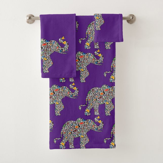 Elephant in a Psychedelic Cheetah Pattern Bath Towel Set (Insitu)