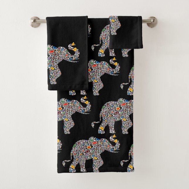 Elephant in a Psychedelic Cheetah Pattern Bath Towel Set (Insitu)