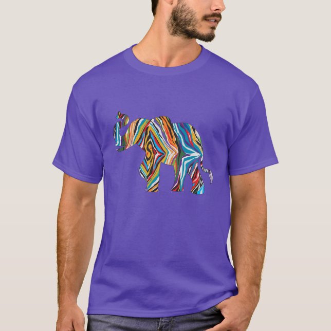 Elephant in a Psychedelic Zebra Pattern T-Shirt (Front)