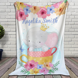 Elephant in a Teacup with Flowers and Custom Name Fleece Blanket