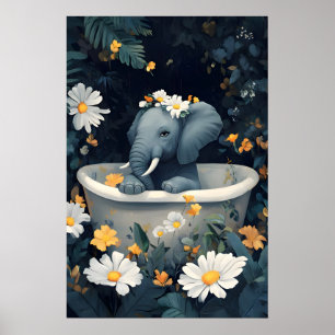 Elephant In Bathtub Poster, Funny Animal Poster