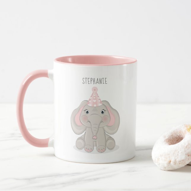 Elephant in Birthday Party Hat Coffee Mug (With Donut)